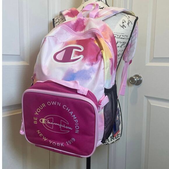 Champion Laptop Backpack with Lunch bag pink tie dye water bottles holder School - Picture 2 of 15